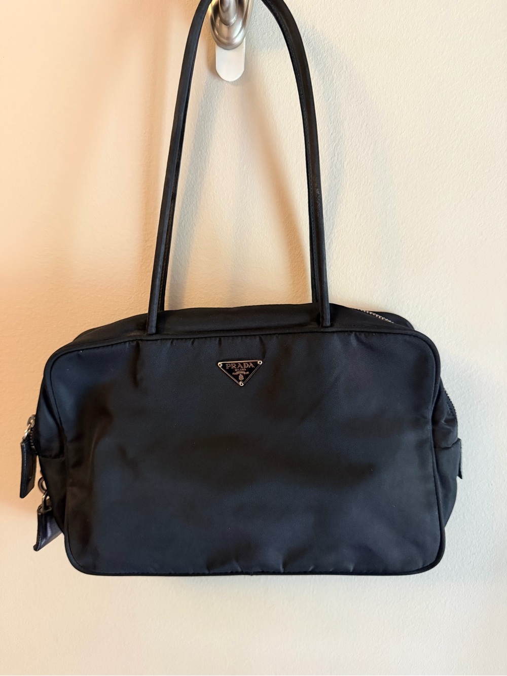 Prada Black Nylon Shoulder Tote with Logo Plaque